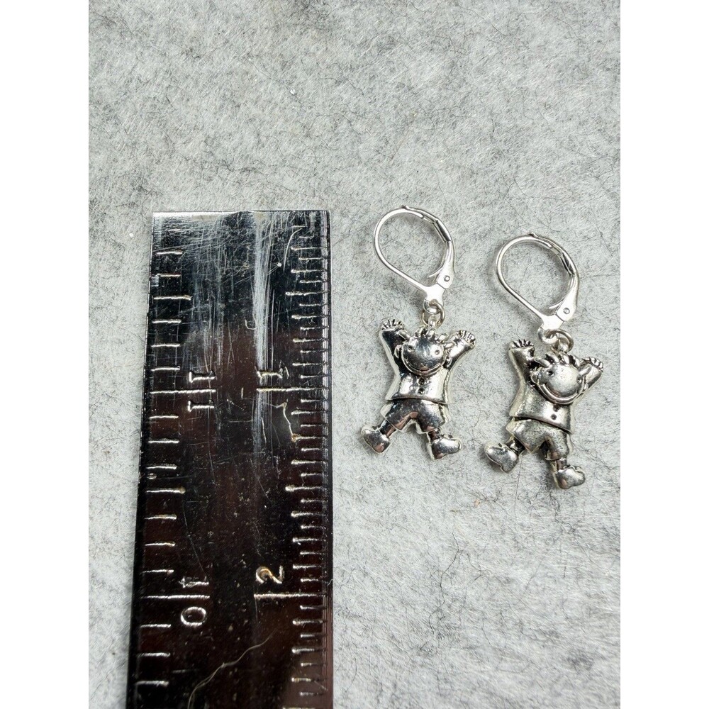 Vintage Silver Tone Happy Child Figural Dangle Leverback Earrings - Picture 5 of 5